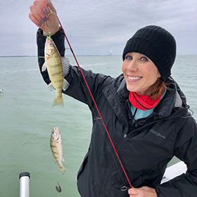 Woman holding perch