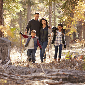 Happy family walking through the woods