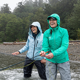 Two women fly fishing