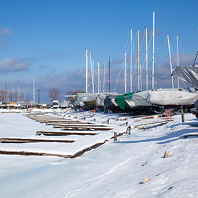 Winterized boats at marina