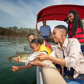 Family fishing on boat